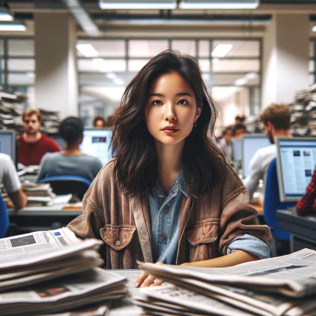 第一个图片描绘了瓜老师(李莉)作为一名年轻的新闻学专业学生,在校报编辑室里努力工作的场景。她被描绘为一个充满决心和好奇心的亚洲女性,身处一个繁忙的新闻编辑室环境中。