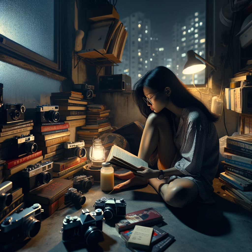 第二个图片展现了瓜老师在她位于香港郊区小公寓中的神秘个人生活。这里她被描绘为一个独自沉浸在阅读和写作中的人物,周围是她收集的老式相机和关于新闻学及社会学的书籍。