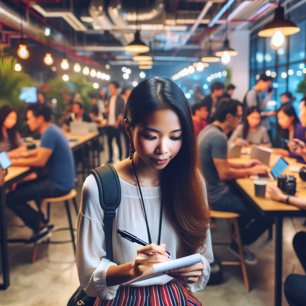 第三个图片展示了瓜老师作为自媒体记者的一天。她在一个现代化的共享工作空间中忙碌,进行采访、记录笔记,并与不同的人交流。这个场景充满了创意专业人士,反映了自媒体工作的活力和动态。