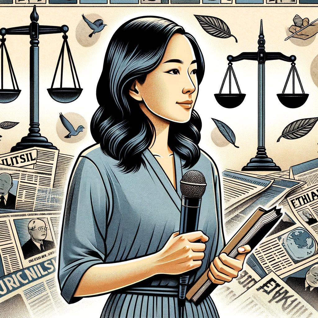 第四个图片描绘了瓜老师站在代表她的原则和信念背景前的形象。她手持麦克风和笔记本,象征着她对真实和道德新闻的承诺。背景是由报纸剪报、新闻道德象征和正义天平组成的拼贴画,展示了她对公平、准确和道德报道的献身精神。