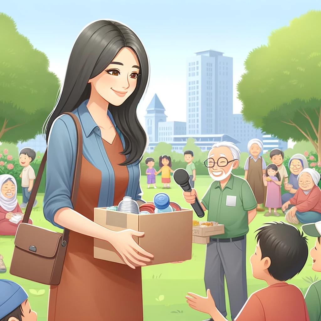 第六个图片展现了瓜老师参与社区服务活动的温馨场景。她在公园里,与孩子们和老人们一起分发食物和物资。她与社区成员互动时表现出的关怀和同情心是显而易见的。背景是绿树和晴朗的天空,象征着她致力于超越新闻工作,为社会福祉做出贡献。