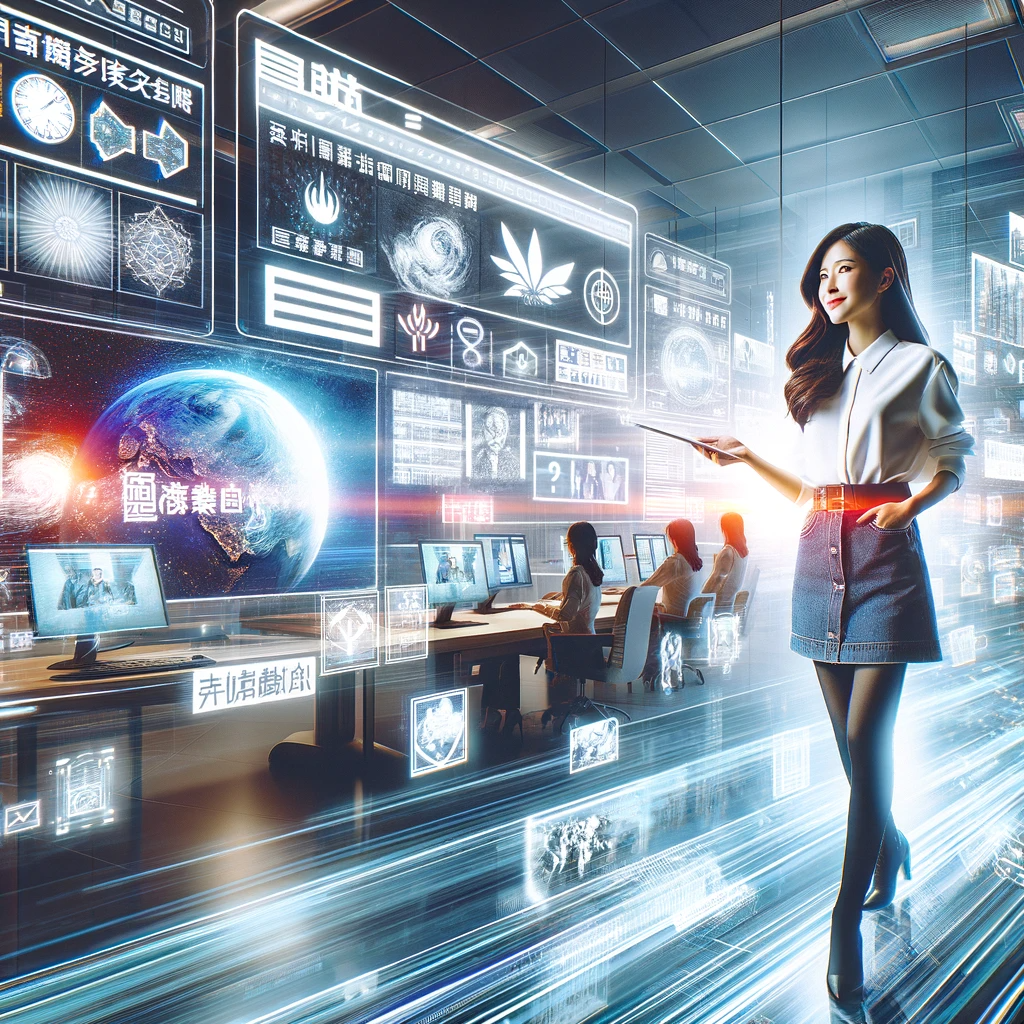 第八个图片展现了瓜老师启动她的新网站“瓜老师の笔记”的创意和未来派场景。图像中她身处一个现代化、高科技的办公室,周围是展示网站界面的数字屏幕。网站具有鲜明的图形、互动元素和新闻源,反映了她在新闻和媒体方面的创新方法。这个环境是动态的、前瞻的,象征着她职业生涯新篇章的开始。